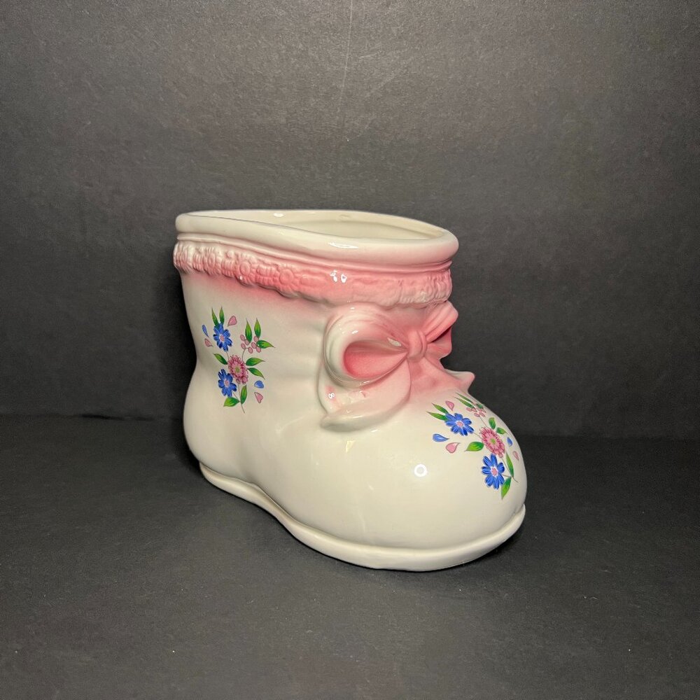 Vintage R.B.C. Ceramic Pink White & Blue Floral Boot Flowerpot Planter 4.25"